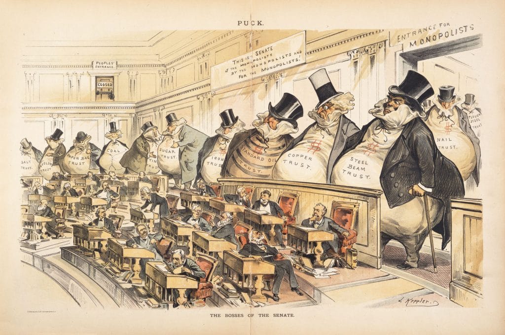 1889-cu ilə aid "Senatın Ağaları" karikaturası: Nəhəng inhisarçı trestlərin parlament üzərindəki bazar gücünü və iqtisadi hökmranlığını təsvir edən illüstrasiya