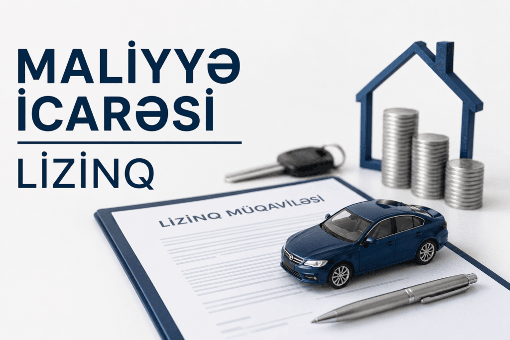 Maliyyə icarəsi (lizinq) müqaviləsini, avtomobili və yeni Maliyyə İcarəsi haqqında Qanunu simvolizə edən illüstrasiya.