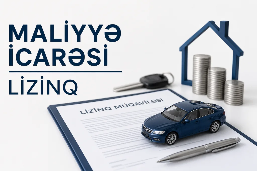 Maliyyə icarəsi (lizinq) müqaviləsini, avtomobili və yeni Maliyyə İcarəsi haqqında Qanunu simvolizə edən illüstrasiya.
